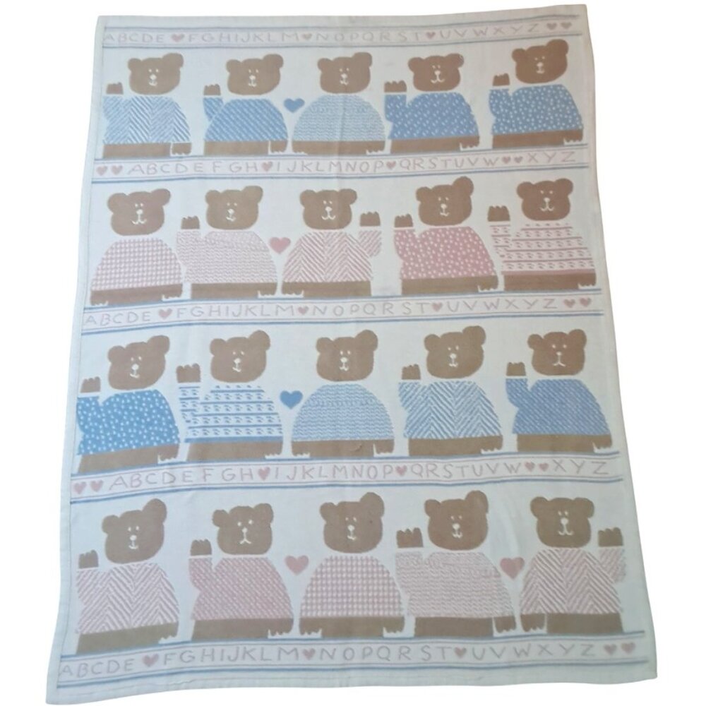 Vintage Bear & Alphabet Double Woven, 100% Cotton, Warm, Baby Blanket, 44.5 x 60